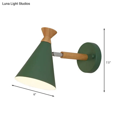 Green conical wall light with metal cone shade and wooden handle for bedroom reading lamp mounting plate included