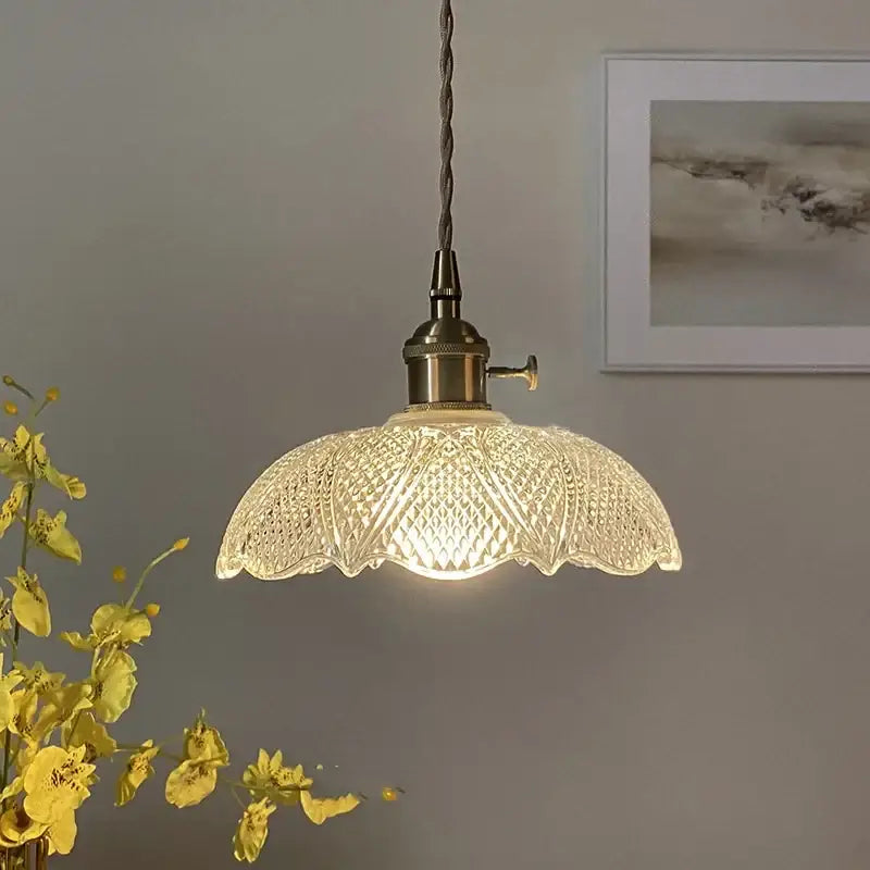 Nordic brass and clear glass led pendant light with antique brass finish and scalloped clear glass shade for dining rooms