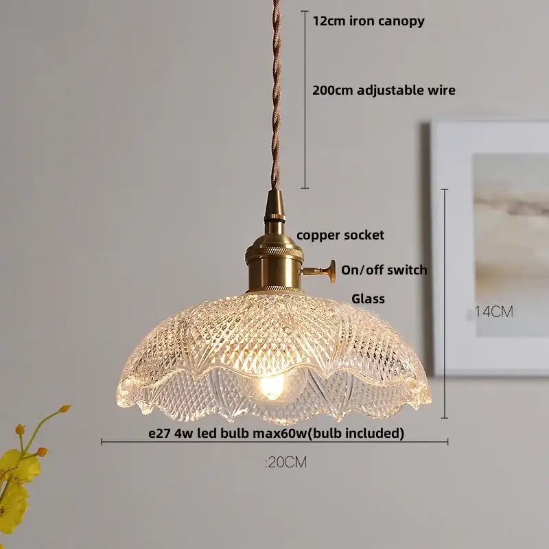 Vintage-style nordic brass and clear glass led pendant light with intricately cut shade for dining room decorbites clear glass