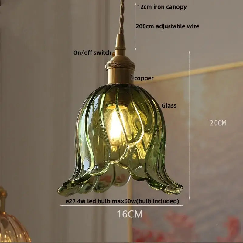 Green glass tulip pendant light with copper iron canopy and adjustable wire for dining room decorbites clear glass led