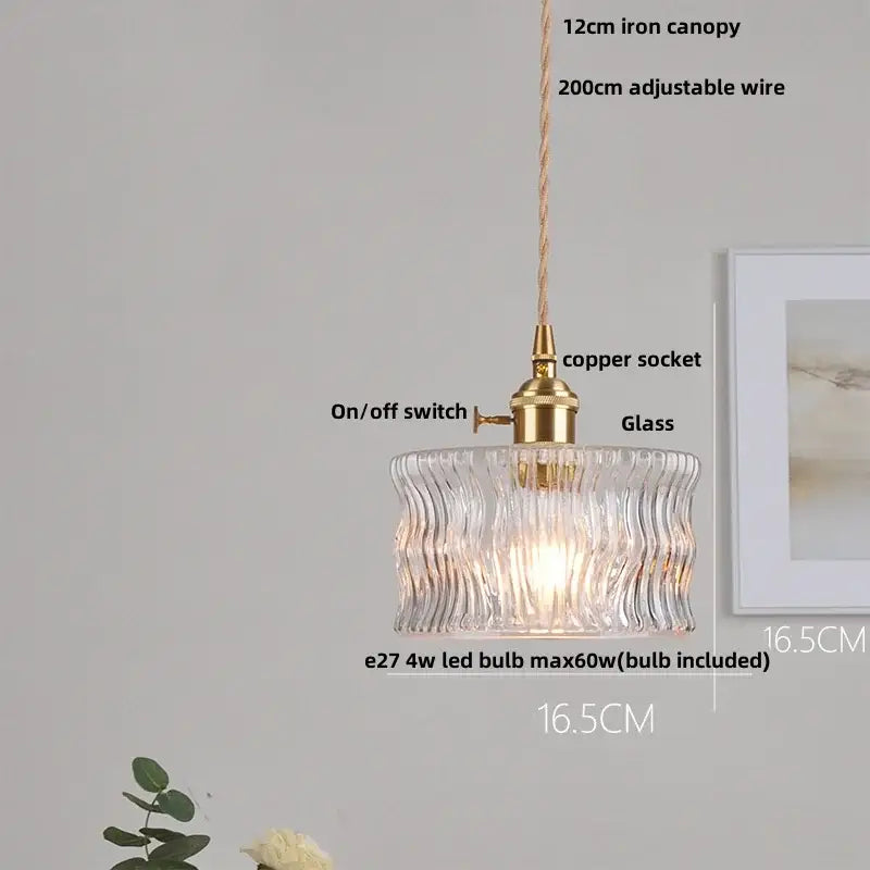 Nordic brass and clear glass led pendant light with wavy glass and adjustable suspension for dining room decorbites clear glass