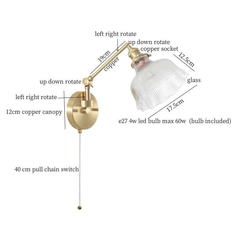 Adjustable brass copper wall sconce with clear textured glass shade and included e27 led bulb for bedroom decorbites clear glass