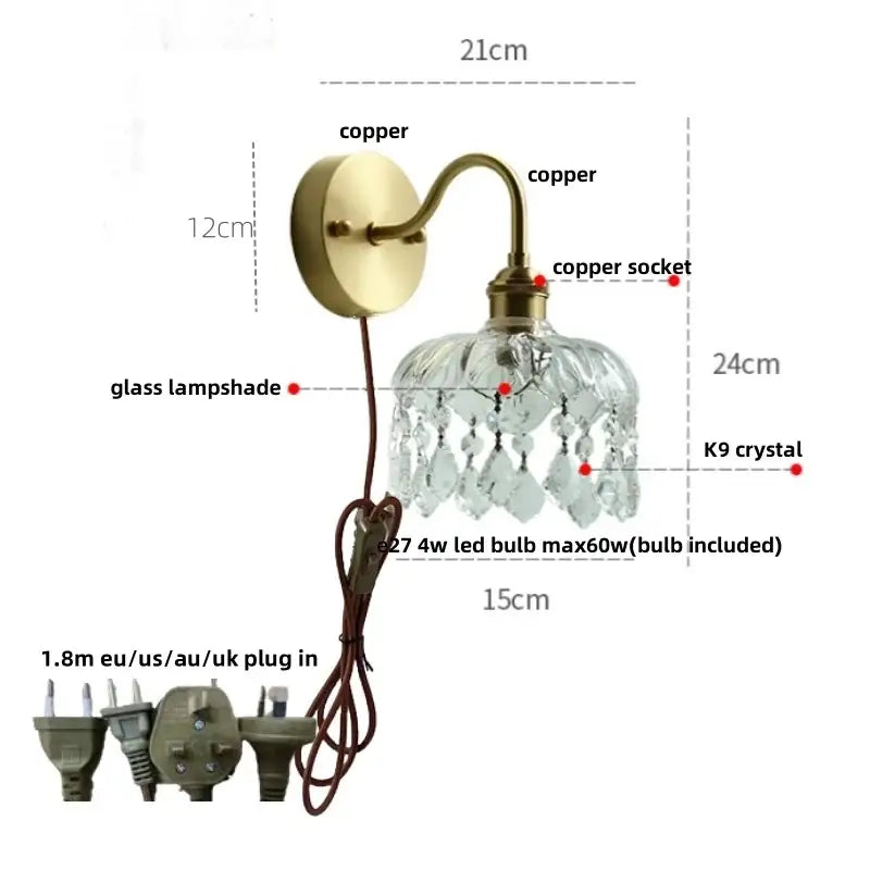 Brass-finished copper wall light with decorbites crystal glass led lampshade and 4w led bulb for bedroom decor