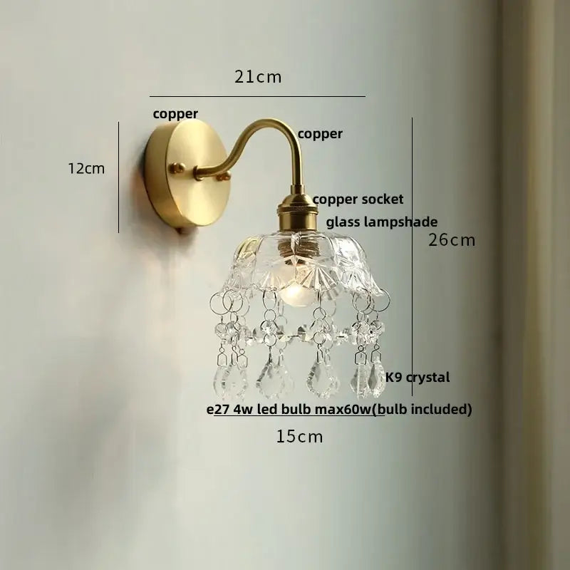 Nordic brass crystal glass led wall light with brass copper finish and k9 crystal droplets for elegant decorbites wall light decor