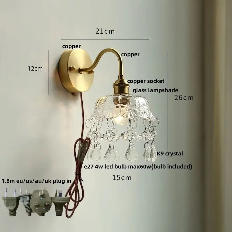 Nordic brass crystal glass led wall light with clear glass lampshade and dangling k9 crystals for bedroom decorbites wall light