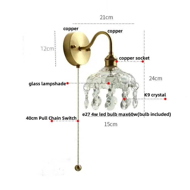 Nordic brass crystal glass led wall light with antique brass finish and k9 crystal glass decorbites for bedroom decor