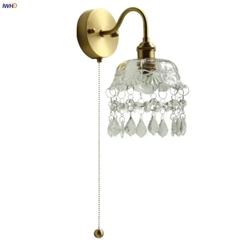 Nordic brass crystal glass led wall light with clear faceted shade and dangling crystal droplets for bedroom decorbites crystal glass
