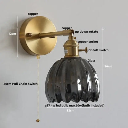 Vintage-style bedroom wall lights with brushed copper finish and dark ribbed glass shade decorbites clear glass design