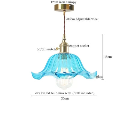 Nordic brass glass flounce led pendant light in translucent blue glass with brass finish for dining room lighting