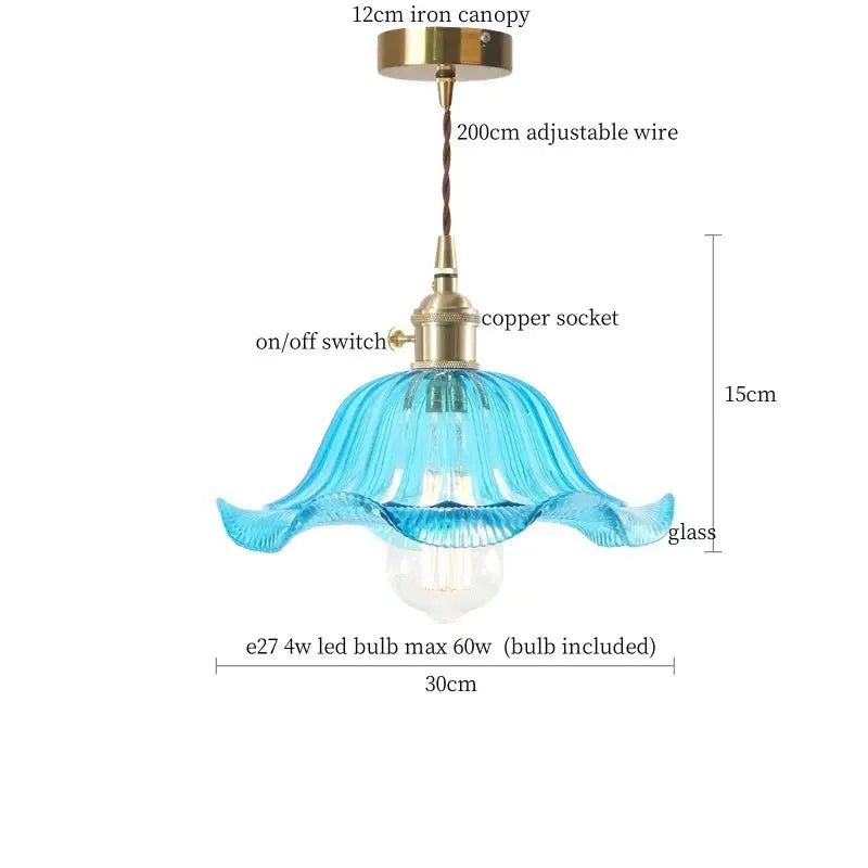 Nordic brass glass flounce led pendant light in translucent blue glass with brass finish for dining room lighting