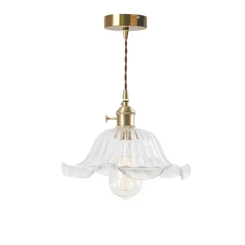 Nordic brass glass flounce led pendant light with ruffled clear glass and twisted brown cord for dining room lighting