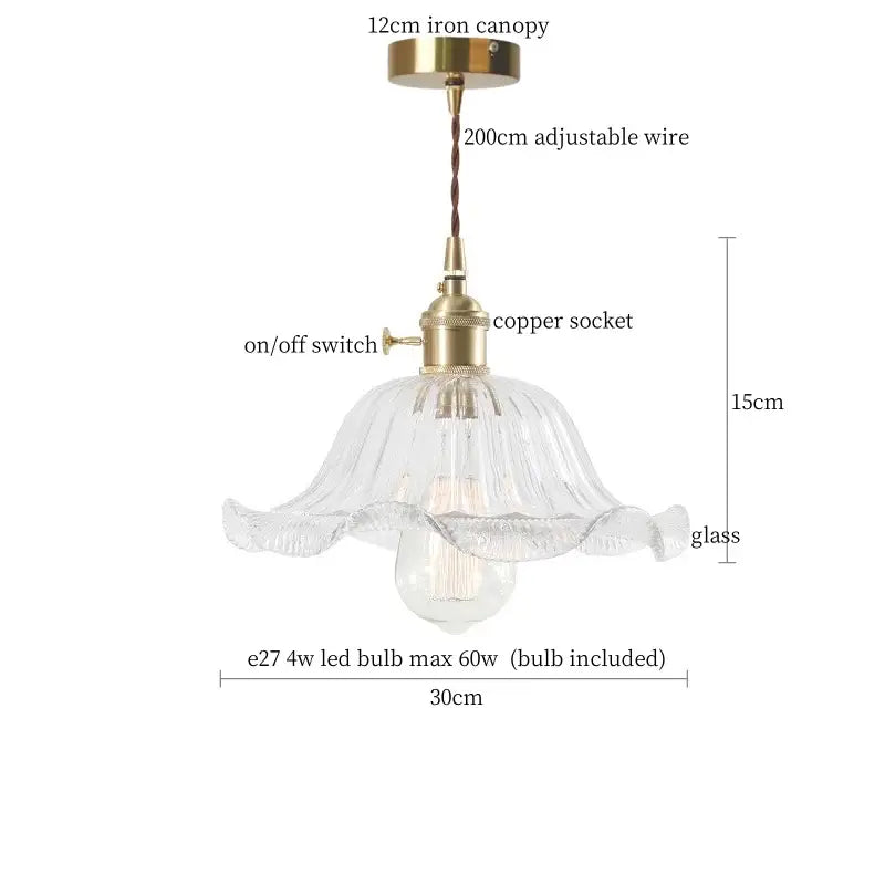 Nordic brass glass flounce led pendant light features a clear fluted glass shade with brass finish for dining room use