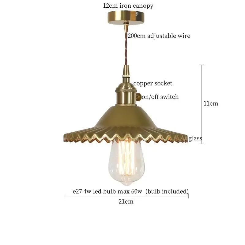 Nordic brass glass flounce led pendant light with scalloped glass shade and exposed edison bulb for dining room