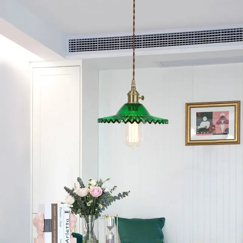 Green glass flounce led pendant light with brass fixture and twisted copper cord for dining room illumination