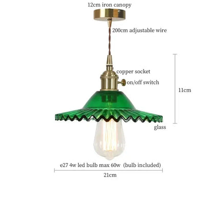 Green glass flounce led pendant light with scalloped design and brass metal for nordic dining room lighting
