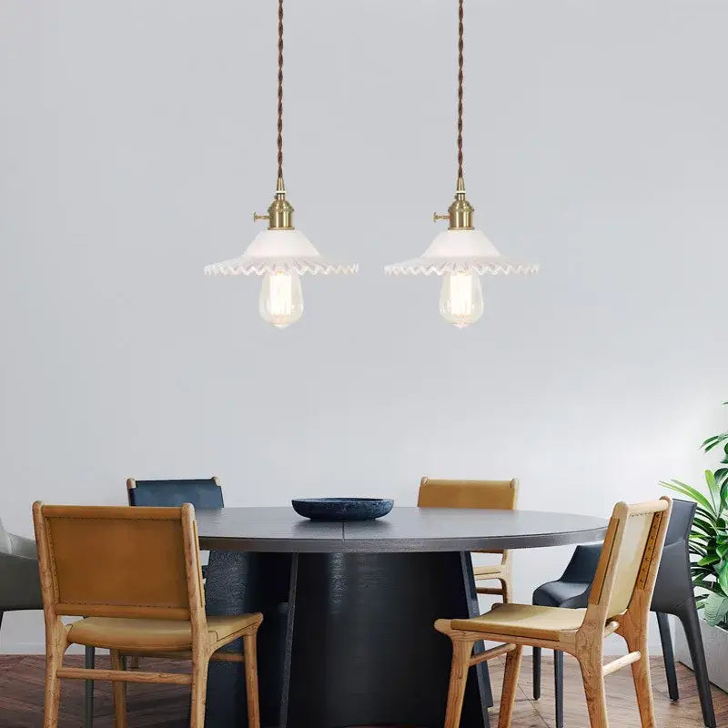 Pair of nordic brass glass flounce led pendant lights with white scalloped glass shades for dining room lighting