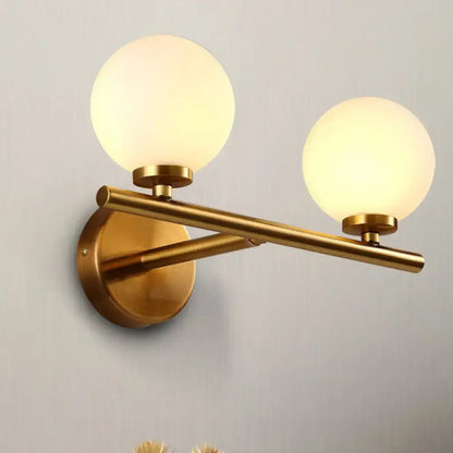 Nordic brass wall sconce light with two frosted glass globe shades for bedroom lighting 110v-120v 220v-240v compatible