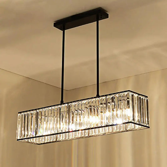 Nordic bronze rectangle pendant chandelier with black metal frame and hanging crystal rods ceiling light for dining room