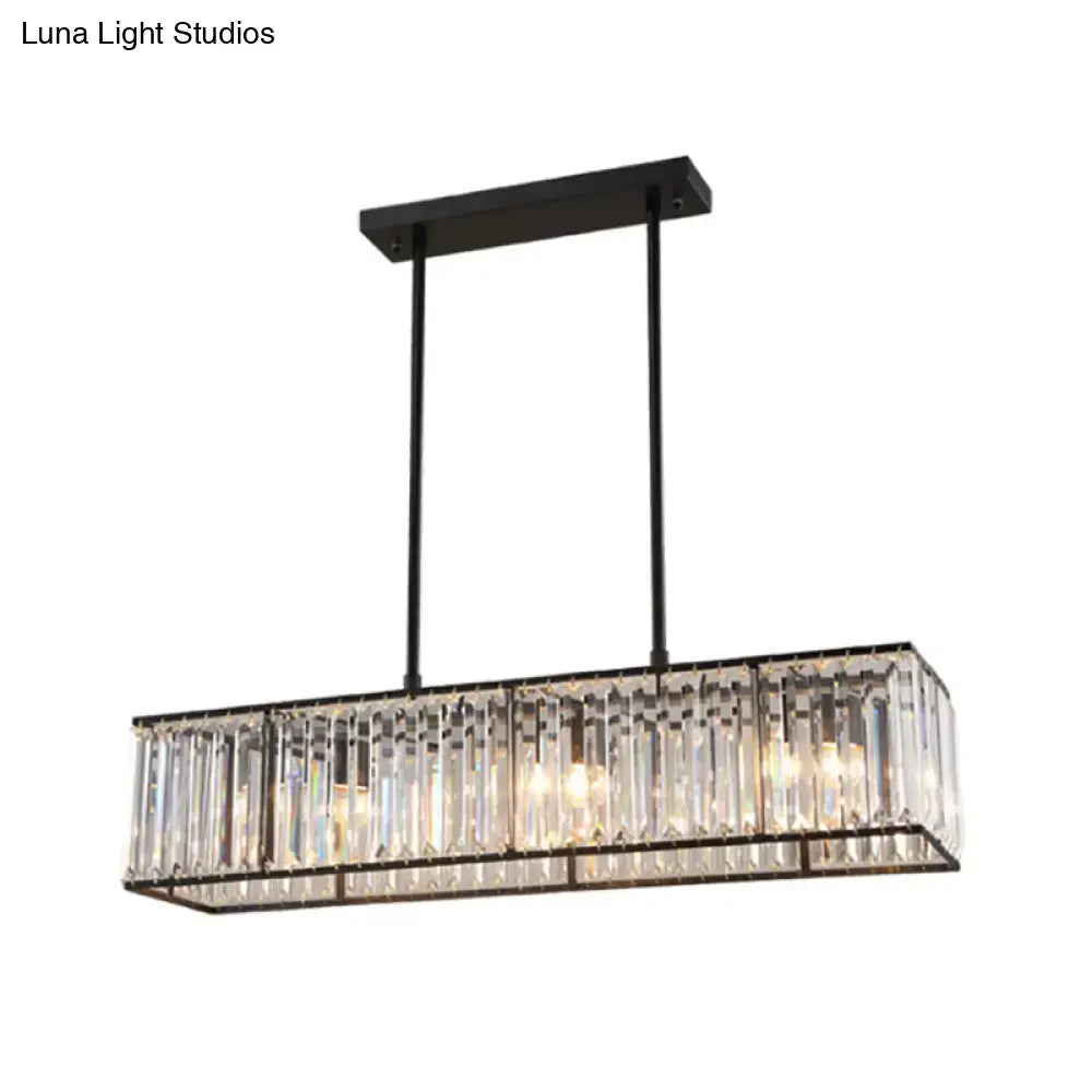 Black metal rectangle pendant chandelier with clear crystal prisms for dining room ceiling light use