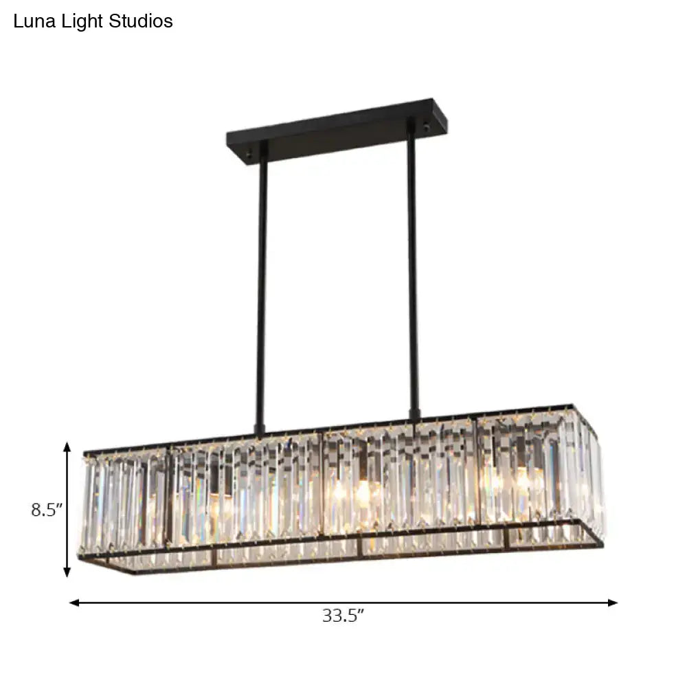 Black metal rectangle pendant chandelier with clear crystal prisms for dining room ceiling light in nordic bronze style