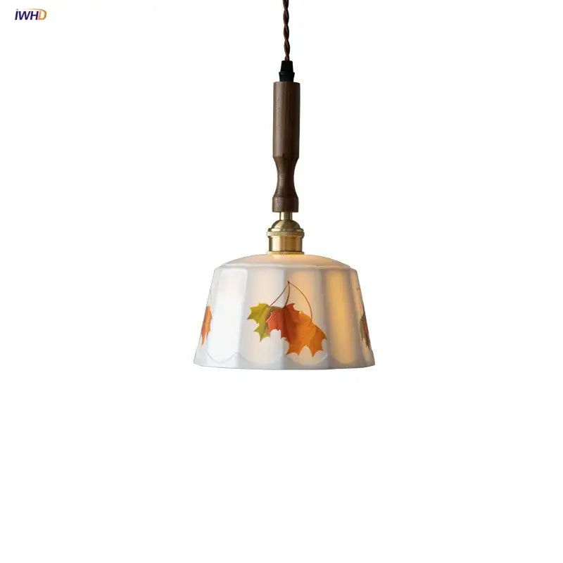 Nordic brown wood led pendant light with warm autumn leaf glass shade and dark wood handle for dining room decorbites brown wood
