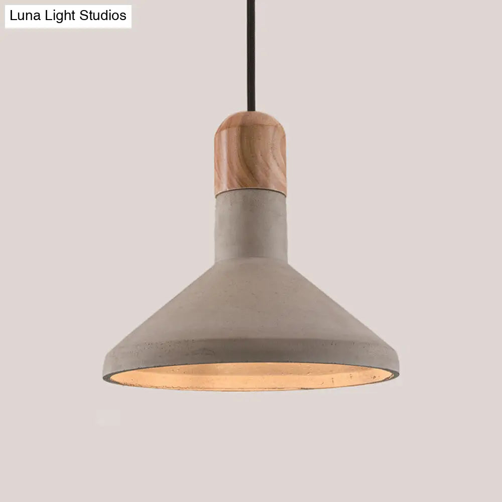 Nordic Cement Pendulum Light with Wood Top - Funnel Design - 1 Bulb - Grey Ceiling Pendant for Dining Room