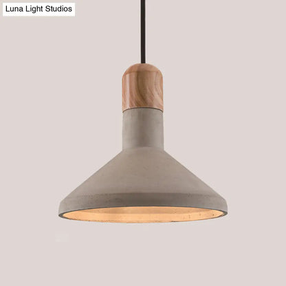 Nordic Cement Pendulum Light with Wood Top - Funnel Design - 1 Bulb - Grey Ceiling Pendant for Dining Room