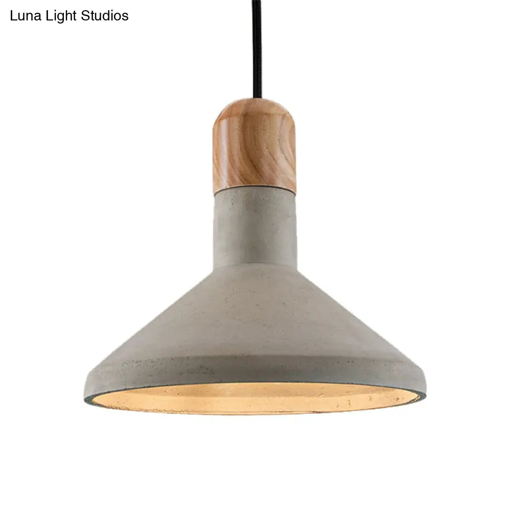 Nordic Cement Pendulum Light with Wood Top - Funnel Design - 1 Bulb - Grey Ceiling Pendant for Dining Room