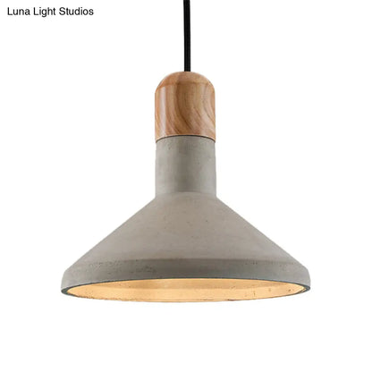 Nordic Cement Pendulum Light with Wood Top - Funnel Design - 1 Bulb - Grey Ceiling Pendant for Dining Room