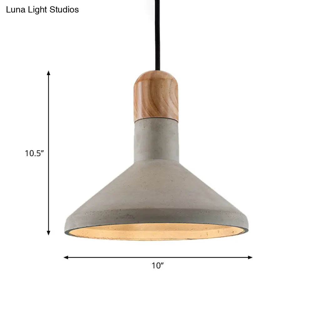 Nordic Cement Pendulum Light with Wood Top - Funnel Design - 1 Bulb - Grey Ceiling Pendant for Dining Room