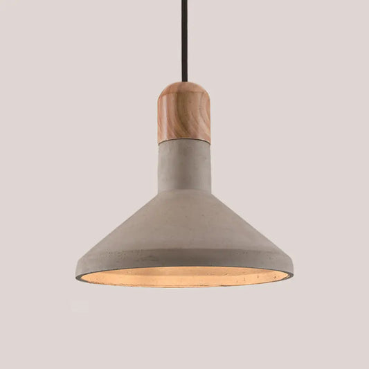 Nordic Cement Pendulum Light with Wood Top - Funnel Design - 1 Bulb - Grey Ceiling Pendant for Dining Room