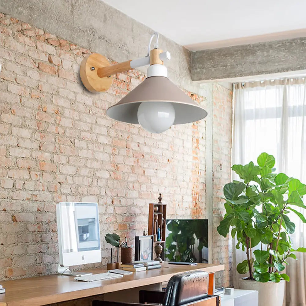 DecorBites™ DecorBites™ Nordic Cone Wall Lighting Fixture - Stylish 1-Head Metallic Sconce Lamp with Wooden Joint - Black/Grey for Hallway