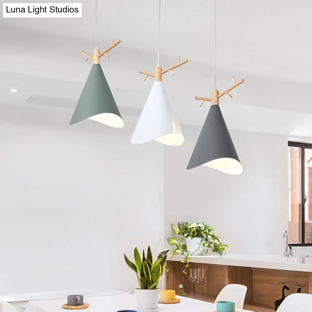 Nordic Conical Pendant Metallic Hanging Light with Antler Deco - 1-Bulb Ceiling Fixture for Dining Room