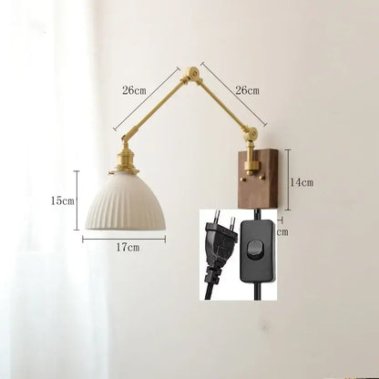 Adjustable brass nordic copper wall lamp with cream ribbed glass shade and wooden backplate for bedroom decorbites wall lamp