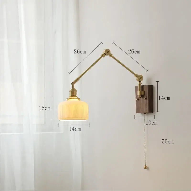 Brass-finished adjustable copper wall lamp with ribbed cream glass shade and dark wood mounting plate for bedroom decorbites copper wall