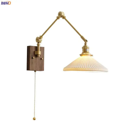 Brass-finished adjustable copper wall lamp with wooden backplate and ribbed glass shade for bedroom decorbites copper wall lamp