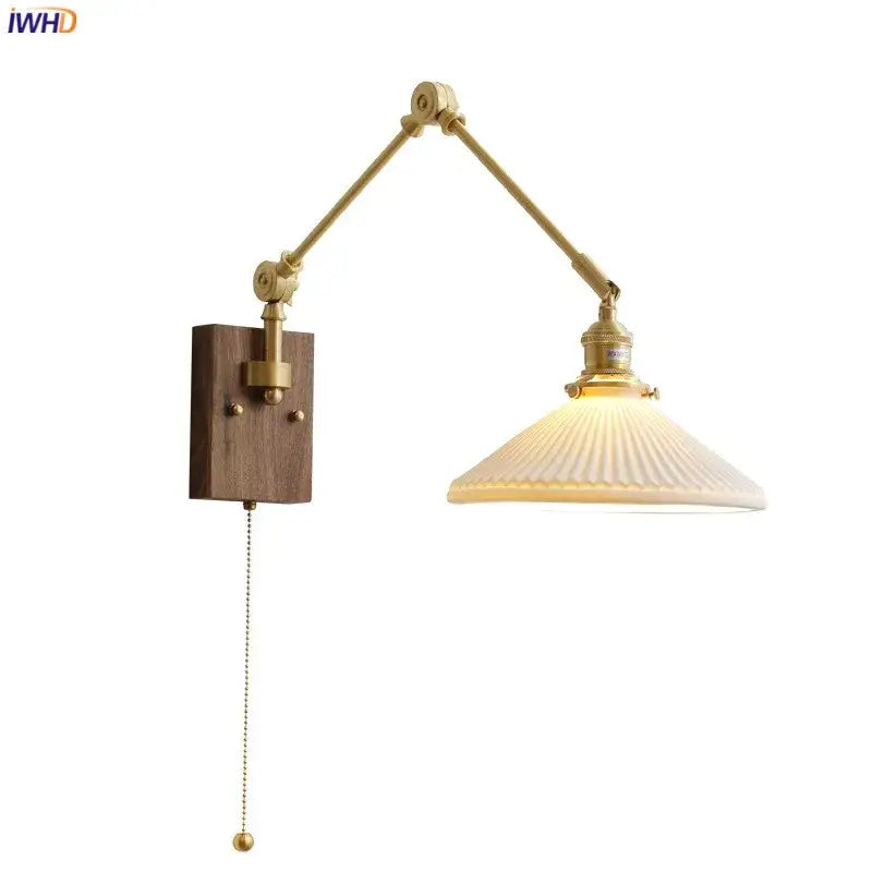 Brass-finished adjustable copper wall lamp with wooden backplate and ribbed glass shade for bedroom decorbites copper wall lamp