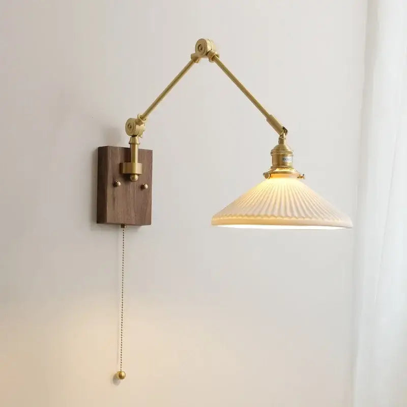 Brass-finished adjustable nordic copper wall lamp with wood backplate and ribbed frosted glass shade for bedroom decorbites copper wall lamp