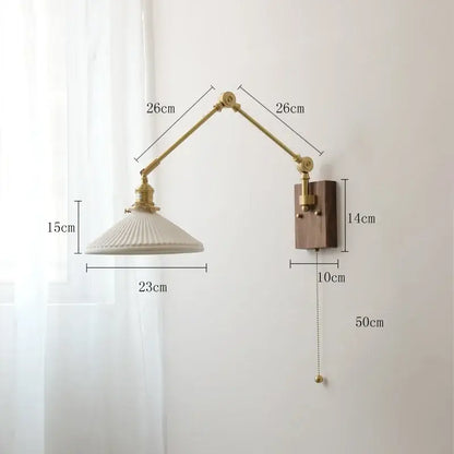 Nordic copper wall lamp with brass-finished articulated arm cream ribbed glass shade and wood backplate for bedroom decorbites copper wall lamp