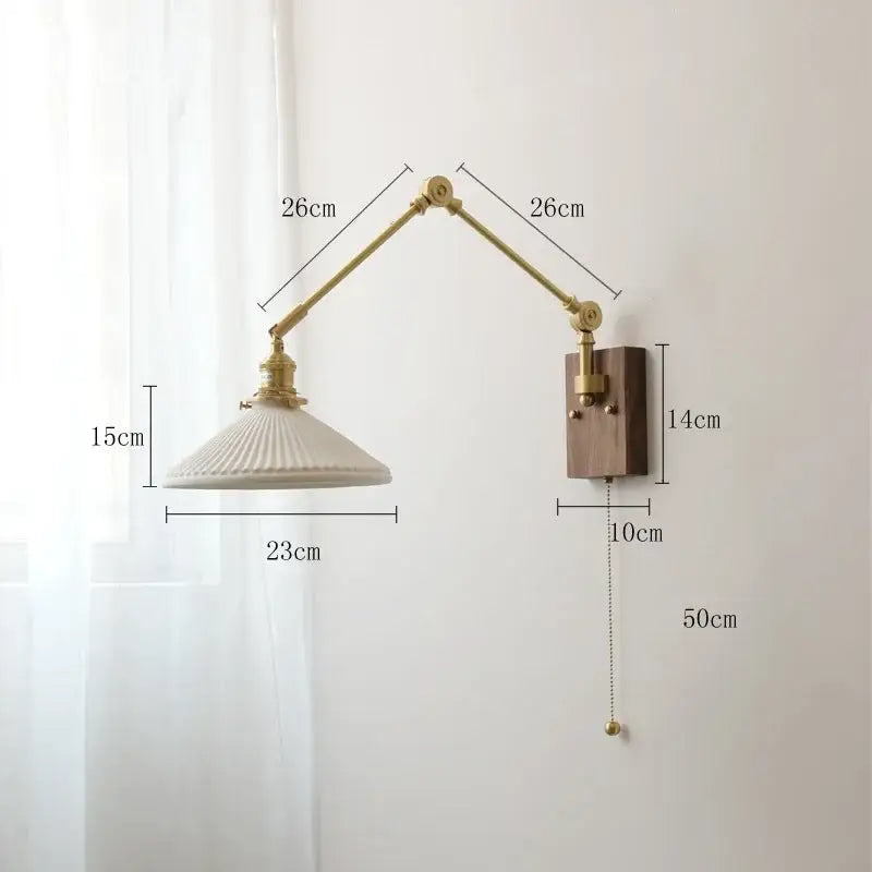 Nordic copper wall lamp with brass-finished articulated arm cream ribbed glass shade and wood backplate for bedroom decorbites copper wall lamp