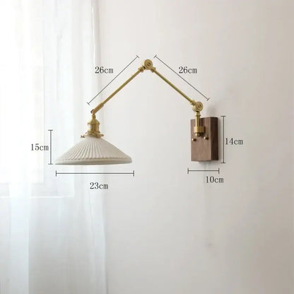Nordic copper wall lamp with wood backplate featuring a brass articulated arm and cream ribbed glass shade for bedroom decor