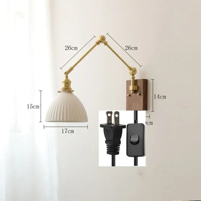 Nordic copper wall lamp with a brass-finished articulated arm and cream ribbed glass shade on wood backplate for bedroom decorbites copper wall lamp