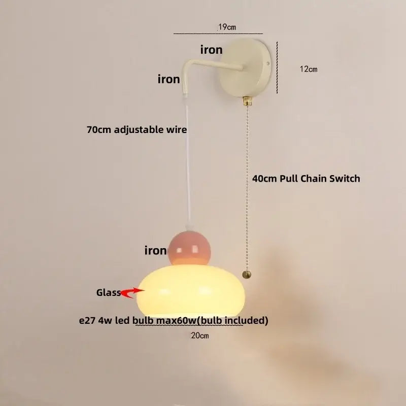 Cream-colored iron nordic wall light with frosted glass globe amber accent 70cm adjustable wire pull chain switch decorbites light fixture