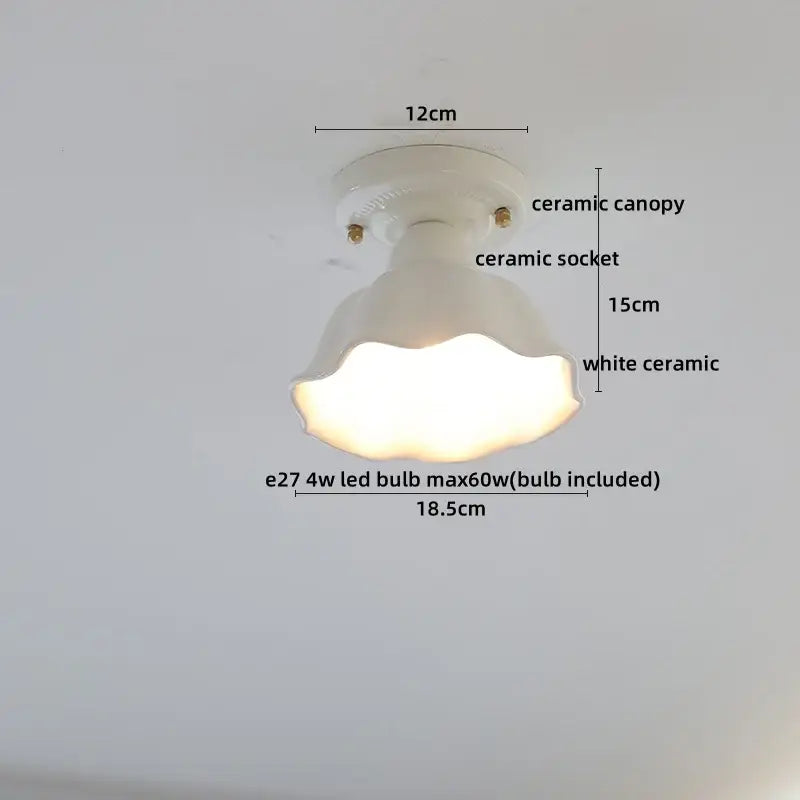 Nordic cream ceramic LED ceiling light with white fluted bell-shaped shade and matching canopy for bedroom decorbites ceramic LED