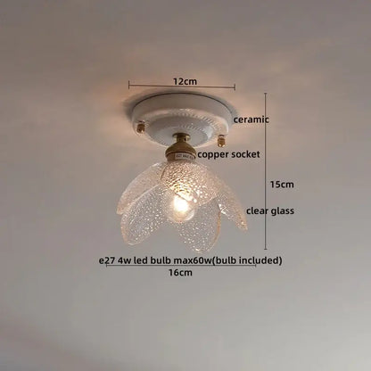 Nordic cream ceramic led ceiling light with clear textured glass petals copper socket and a flower-shaped design