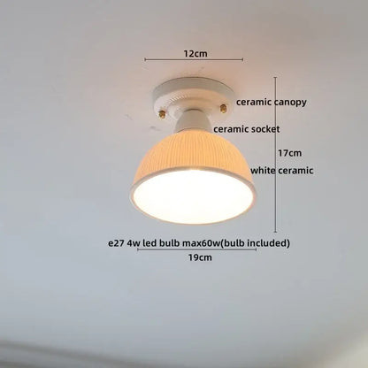 Nordic cream ceramic led ceiling light with ribbed warm-toned shade and e27 led bulb for bedroom decorbites ceramic led fixture