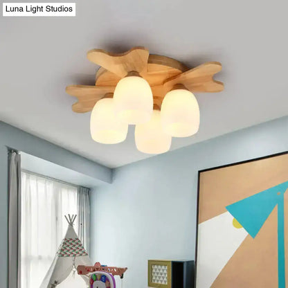Wooden cloud-shaped ceiling light with three cream glass bell frosted shades for Nordic bedroom decor