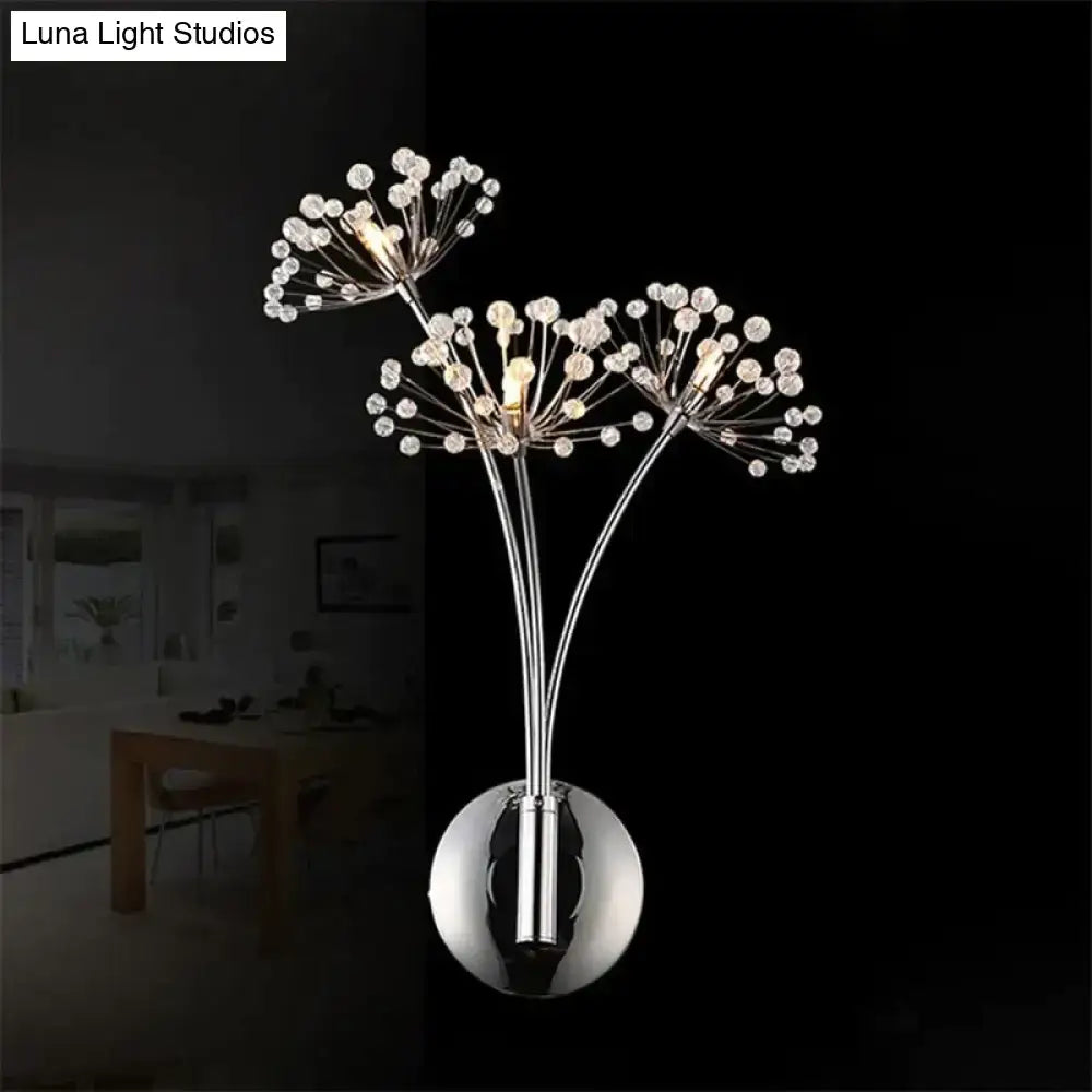 Chrome finished nordic creative crystal wall lamps with three clear crystal bead flower clusters for bedroom lighting