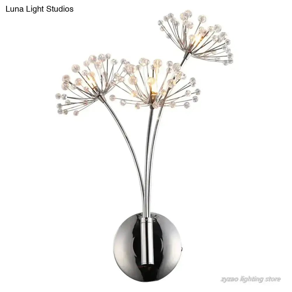 Chrome finished wall lamp with three clear crystal bead clusters and exposed bulbs Nordic creative crystal flower design