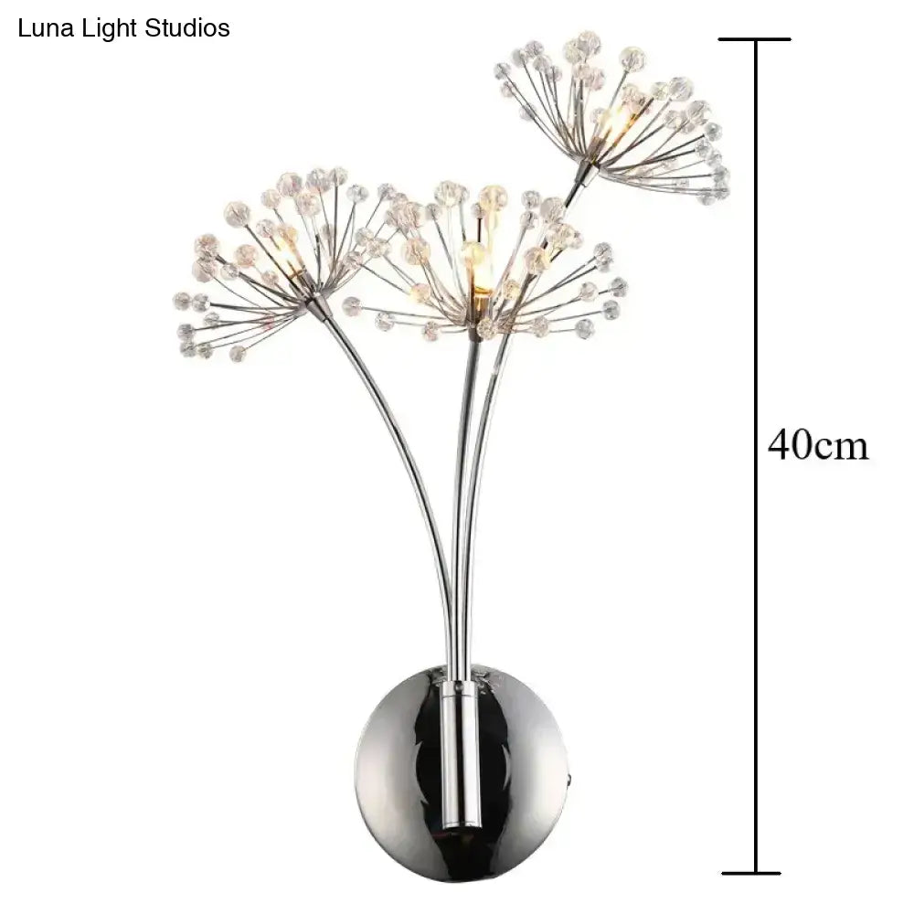 Chrome-finished nordic creative crystal wall lamp with three clear crystal flower clusters for bedroom lighting